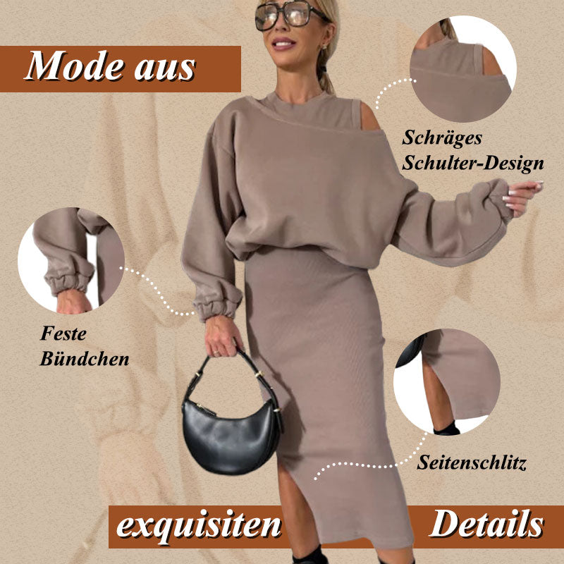 Zeitlich begrenzter Rabatt💥Damen-Set mit Sweatshirt mit schrägen Schultern und ärmellosem Kleid