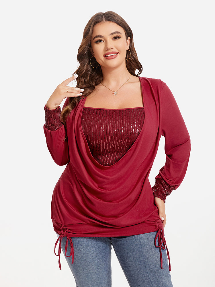 Drawstring Side Draped Collar Sequin Panel Tee