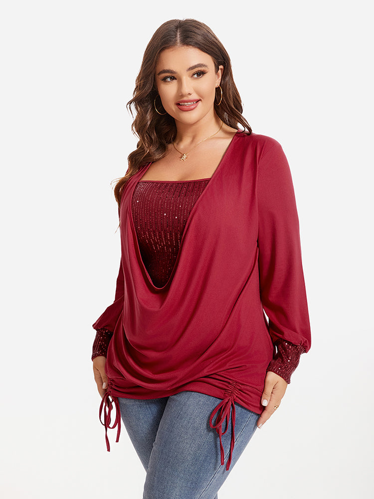 Drawstring Side Draped Collar Sequin Panel Tee