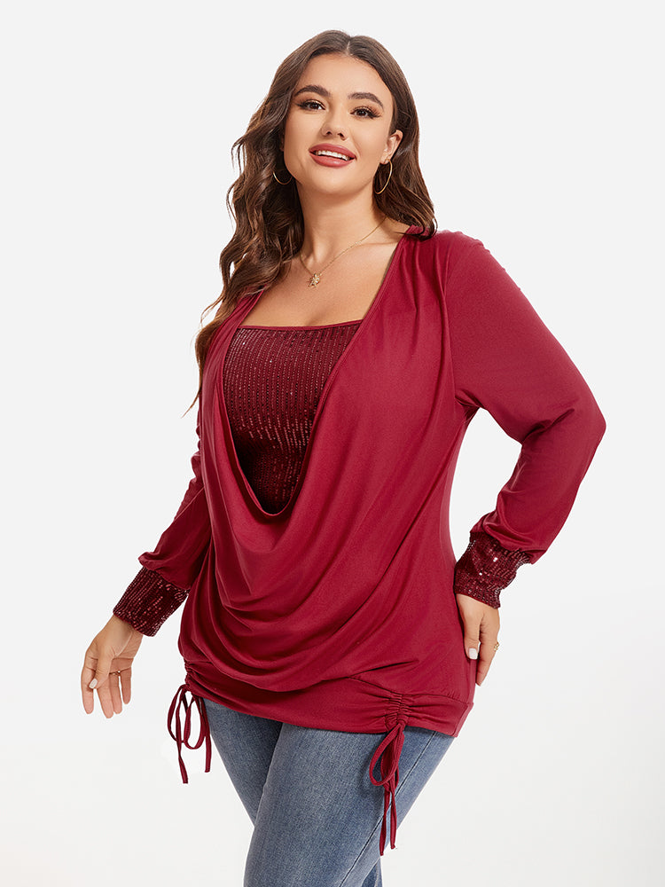 Drawstring Side Draped Collar Sequin Panel Tee