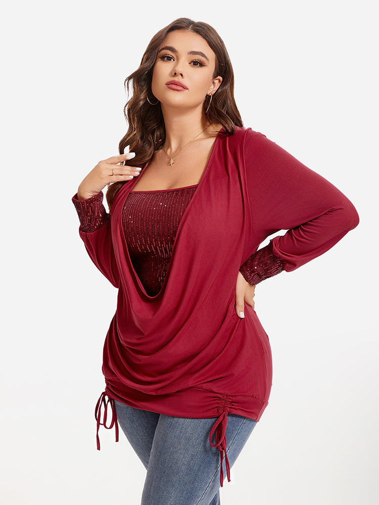 Drawstring Side Draped Collar Sequin Panel Tee