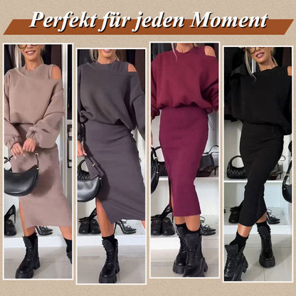 Zeitlich begrenzter Rabatt💥Damen-Set mit Sweatshirt mit schrägen Schultern und ärmellosem Kleid