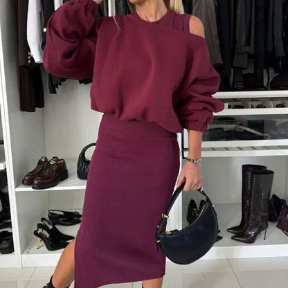 Zeitlich begrenzter Rabatt💥Damen-Set mit Sweatshirt mit schrägen Schultern und ärmellosem Kleid