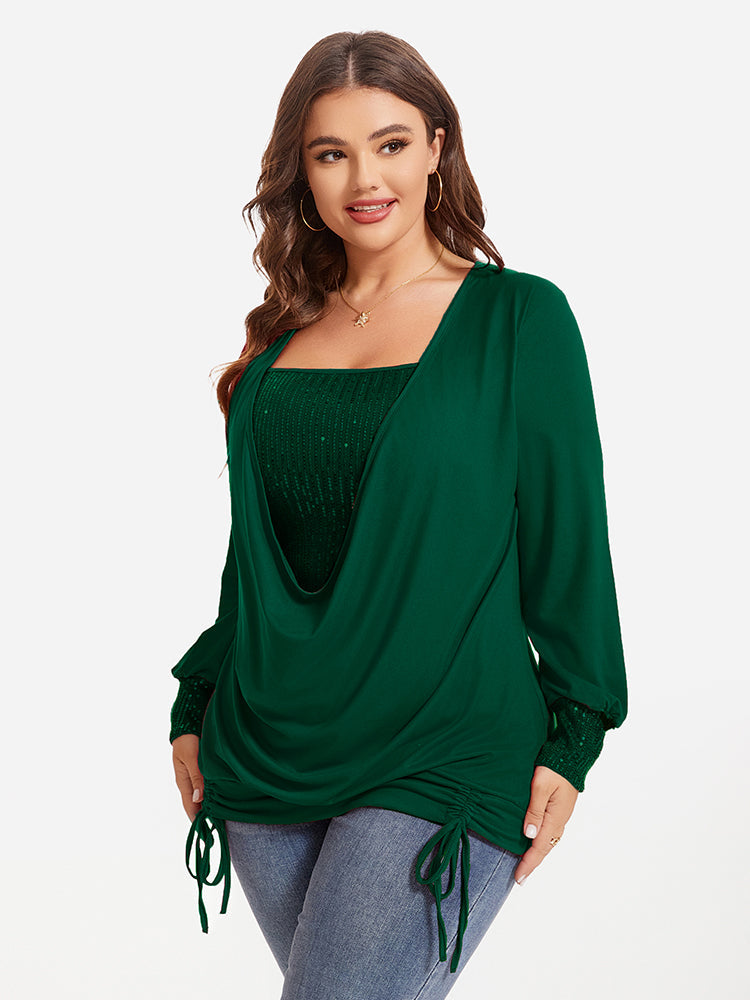 Drawstring Side Draped Collar Sequin Panel Tee