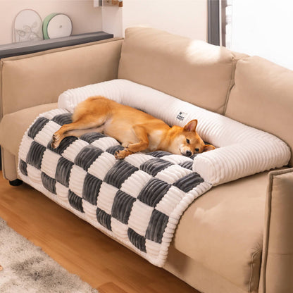 Cream Square Plaid Cozy Dog Mat Furniture Protector Cover