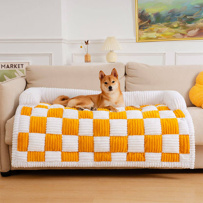 Cream Square Plaid Cozy Dog Mat Furniture Protector Cover