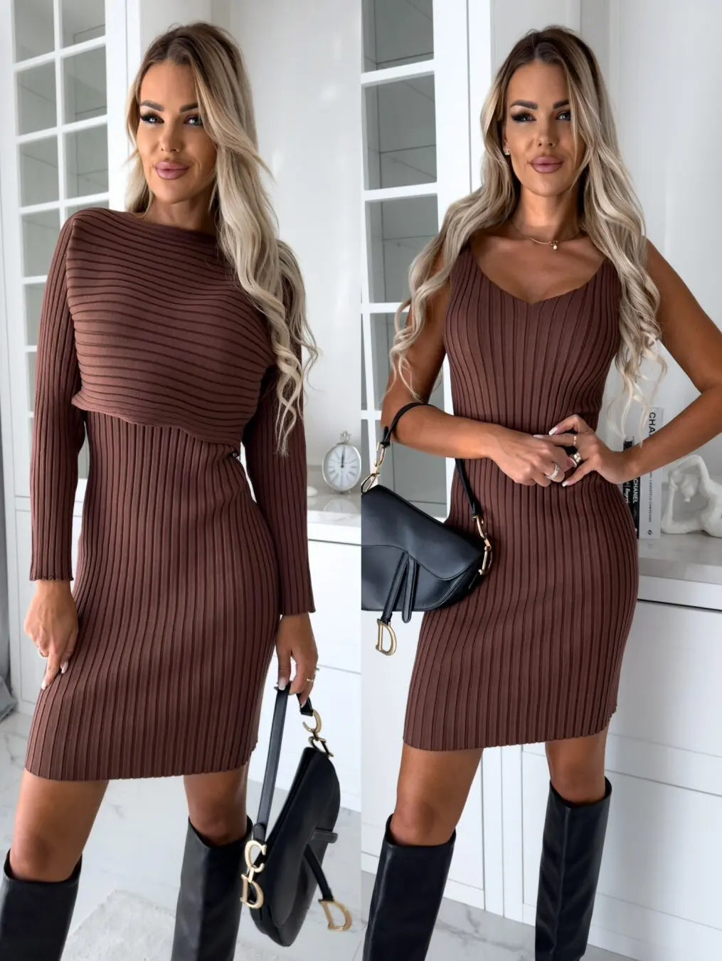 Chic Dress for Woman 2023 Winter Fashion Slim Fit Sexy Solid Two Piece Mid length Women Elegant Knitted Pit Stripe Dress Vestido