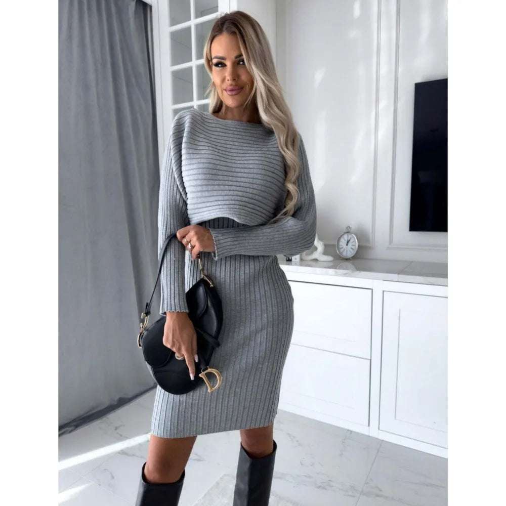 Chic Dress for Woman 2023 Winter Fashion Slim Fit Sexy Solid Two Piece Mid length Women Elegant Knitted Pit Stripe Dress Vestido