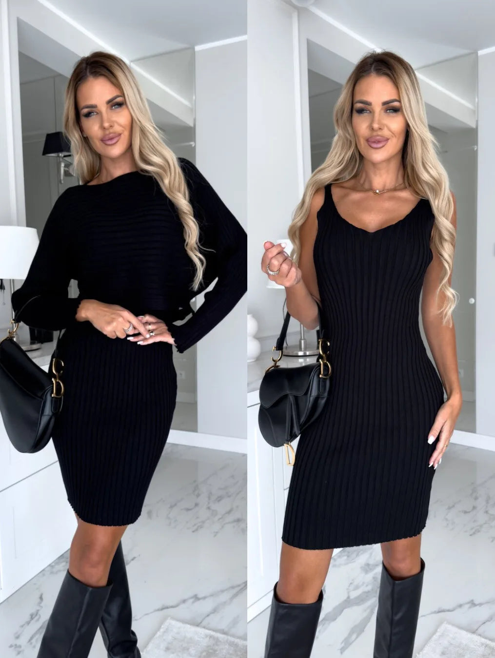 Chic Dress for Woman 2023 Winter Fashion Slim Fit Sexy Solid Two Piece Mid length Women Elegant Knitted Pit Stripe Dress Vestido