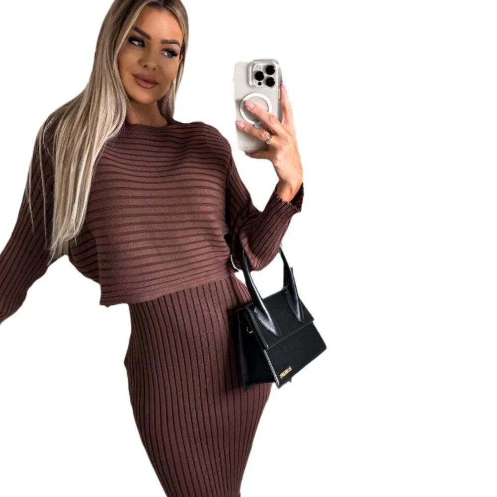 Chic Dress for Woman 2023 Winter Fashion Slim Fit Sexy Solid Two Piece Mid length Women Elegant Knitted Pit Stripe Dress Vestido