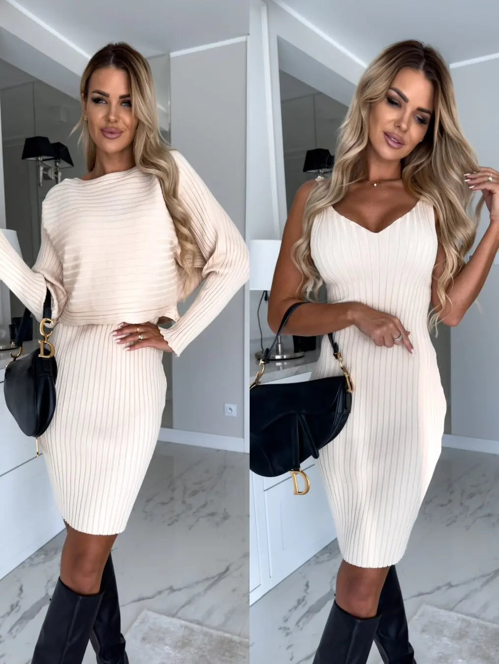 Chic Dress for Woman 2023 Winter Fashion Slim Fit Sexy Solid Two Piece Mid length Women Elegant Knitted Pit Stripe Dress Vestido