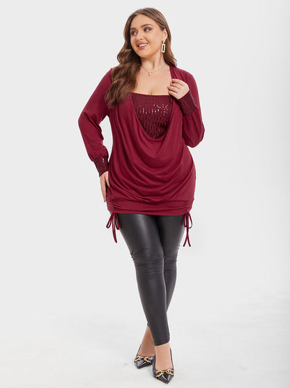 Drawstring Side Draped Collar Sequin Panel Tee