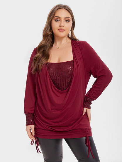 Drawstring Side Draped Collar Sequin Panel Tee