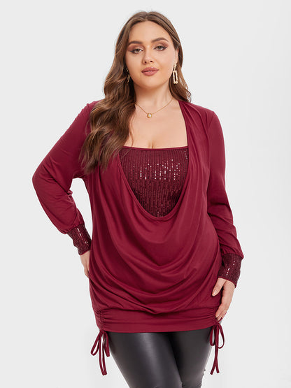 Drawstring Side Draped Collar Sequin Panel Tee